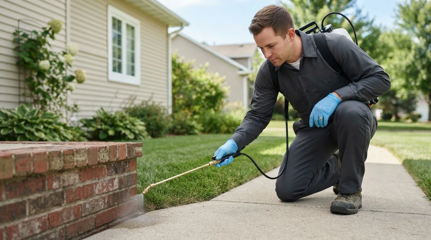 Pest control technician treating a home near Marienthal, KS