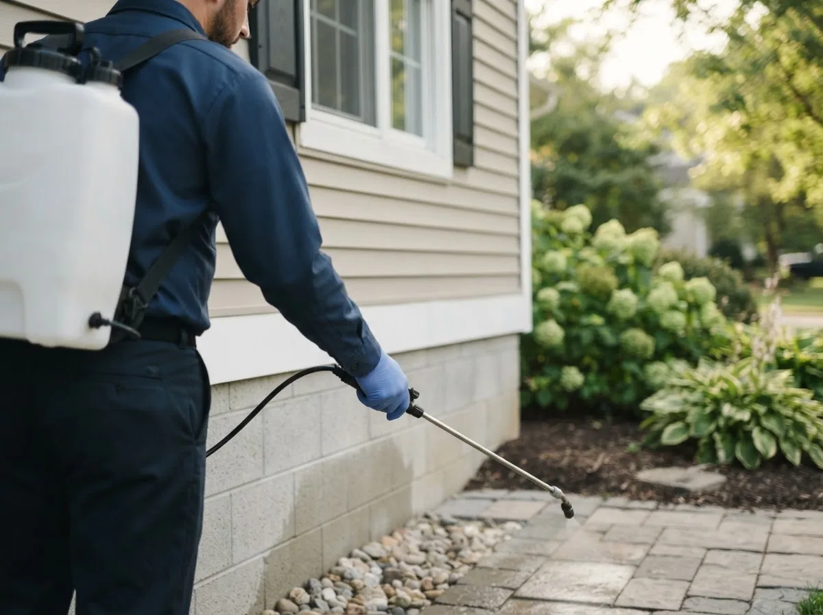 Pest control technician inspecting a home in Marienthal, KS
